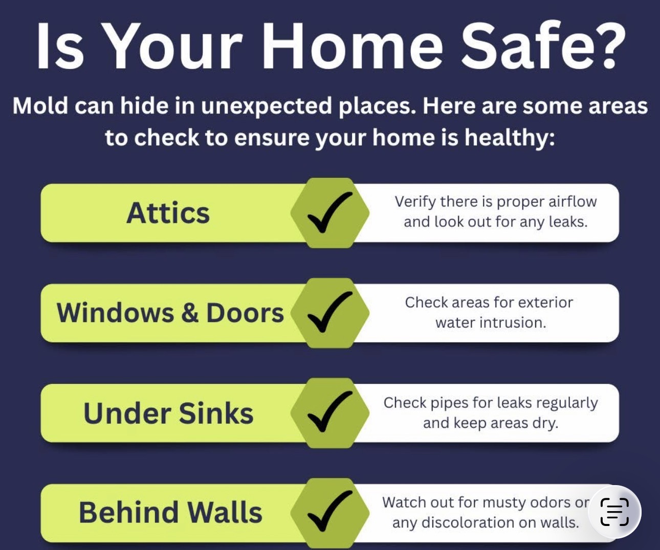 Mold safety checklist for attics, windows and doors, under sinks, and behind walls